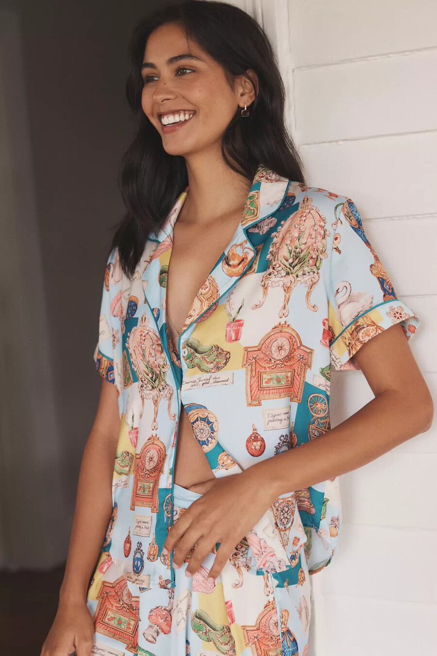 lyrebird short-sleeve silky printed pyjama top