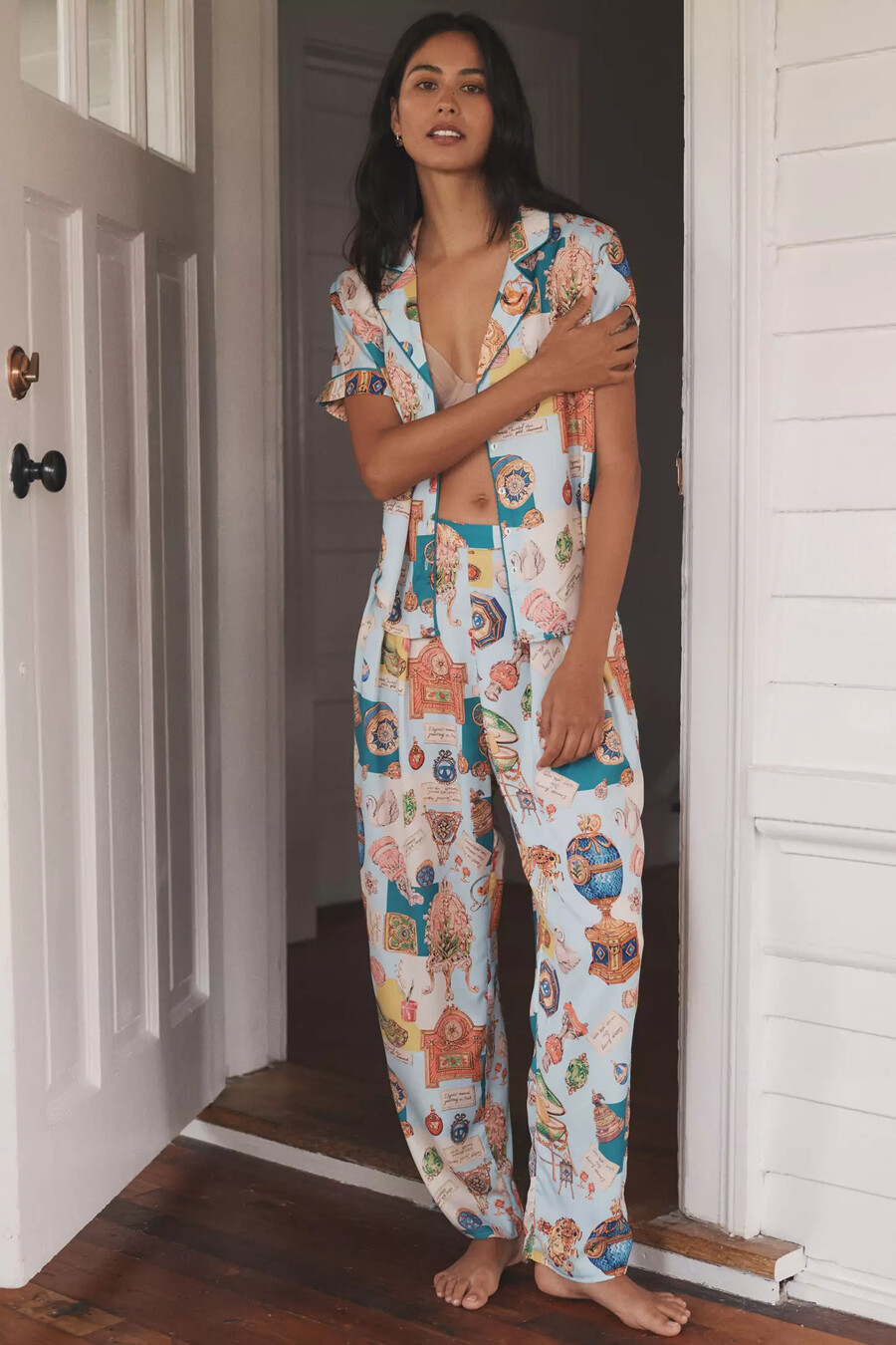 lyrebird short-sleeve silky printed pyjama top