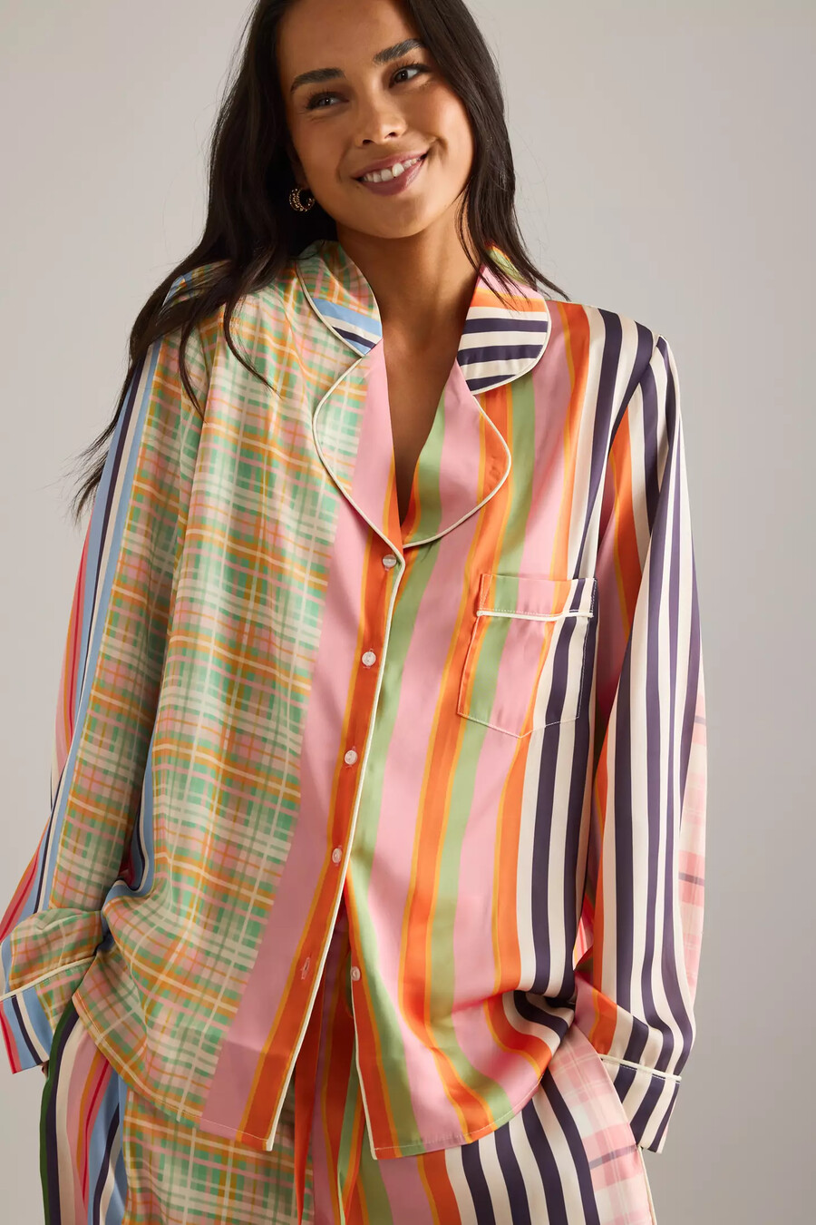 karen mabon check stripe long pyjama set