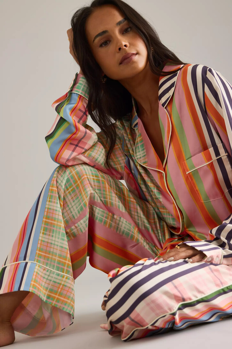 karen mabon check stripe long pyjama set