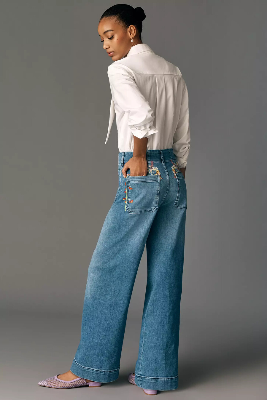 the colette full-length wide-leg jeans by maeve embroidered pocket edition