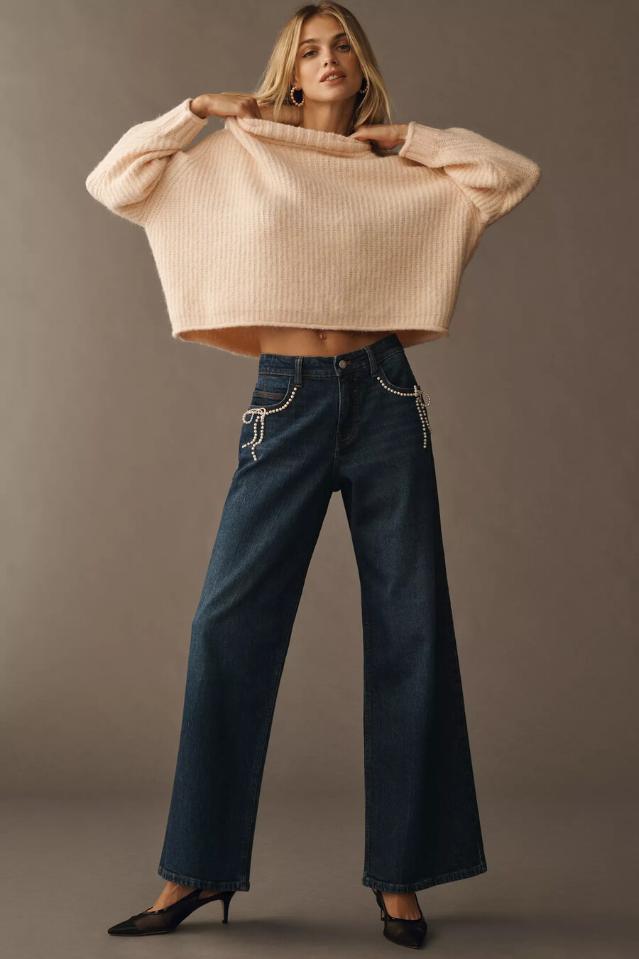 pilcro pearl-embellished low-rise wide-leg jeans