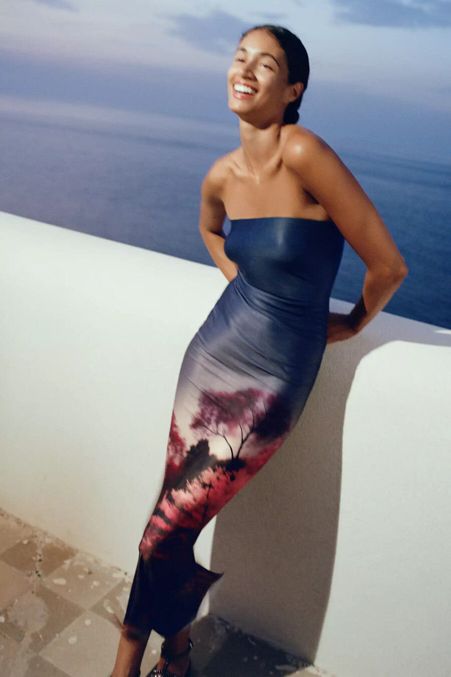 katie may enigma strapless slim midi dress