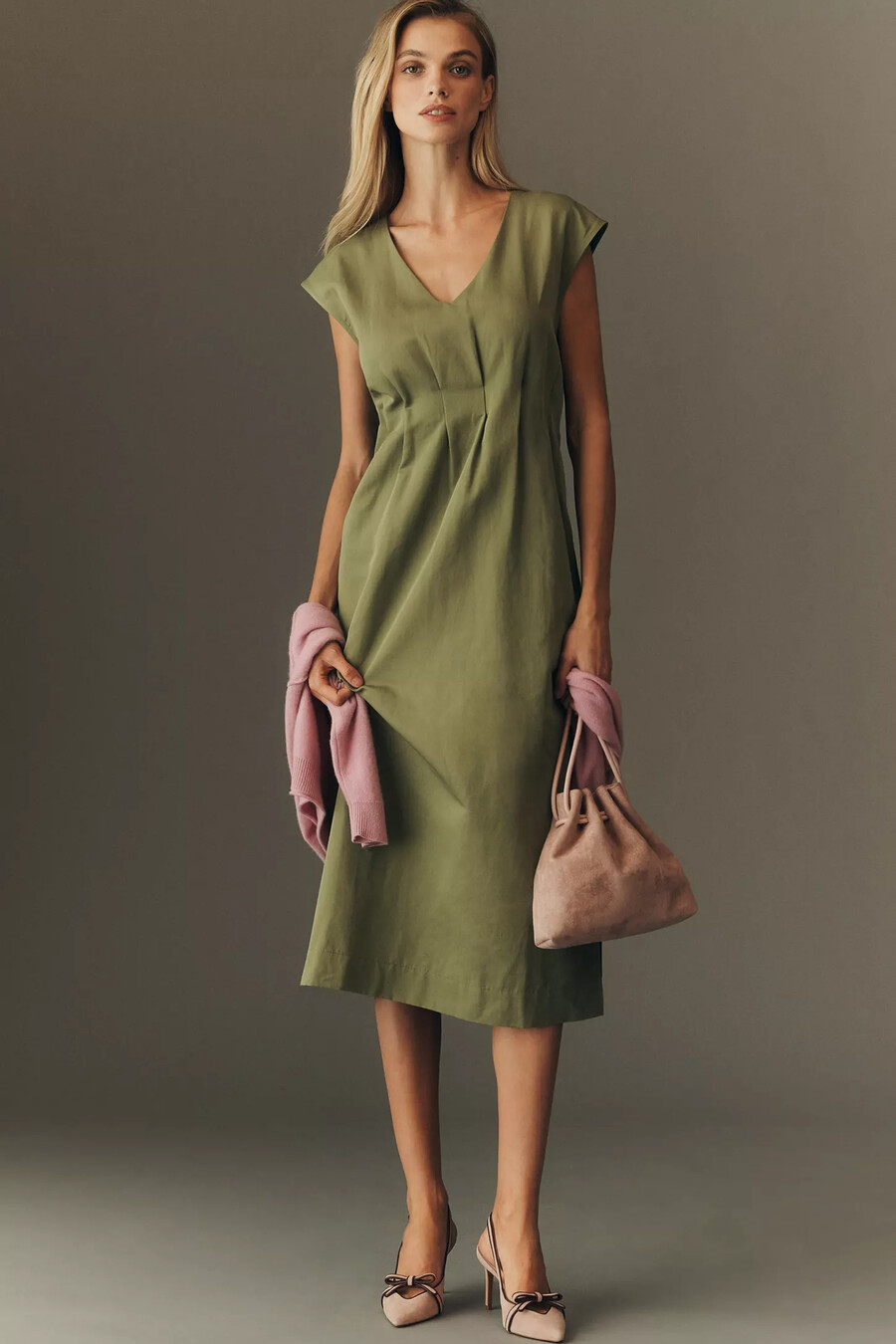 maeve linen-blend short-sleeve waisted midi dress