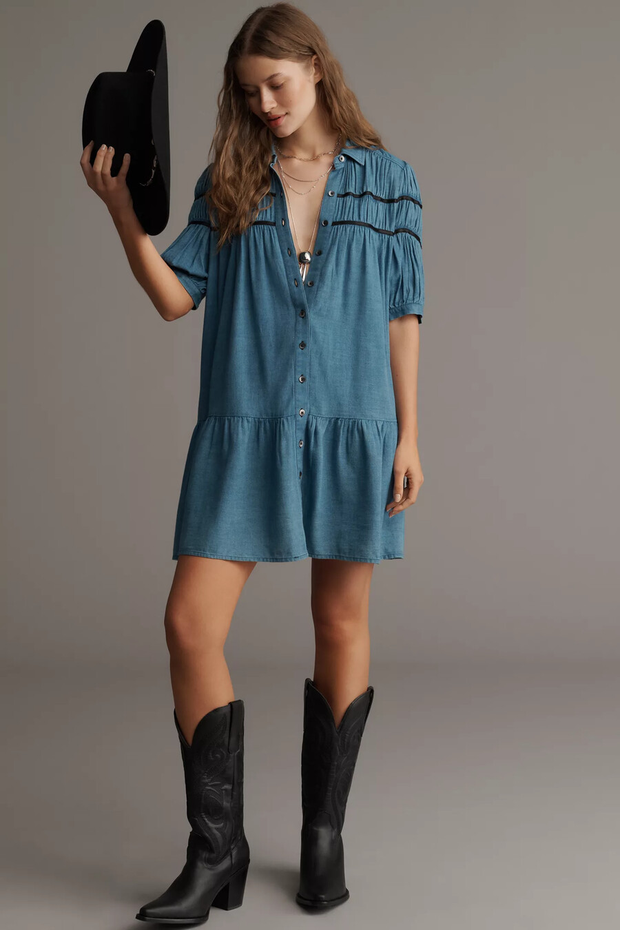 the leandra shirred yoke mini dress by maeve