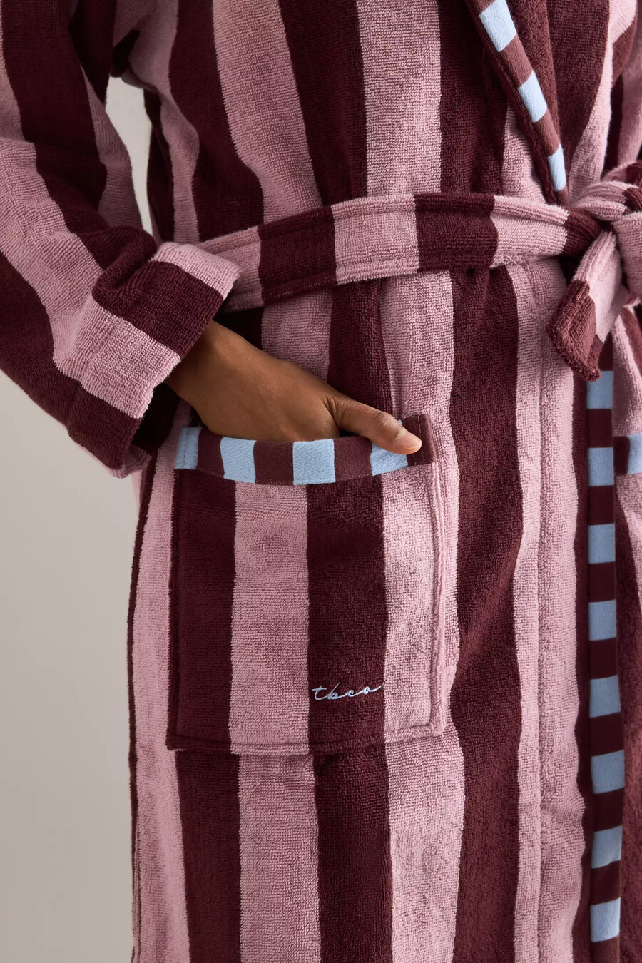 tbco pink stripe cotton robe
