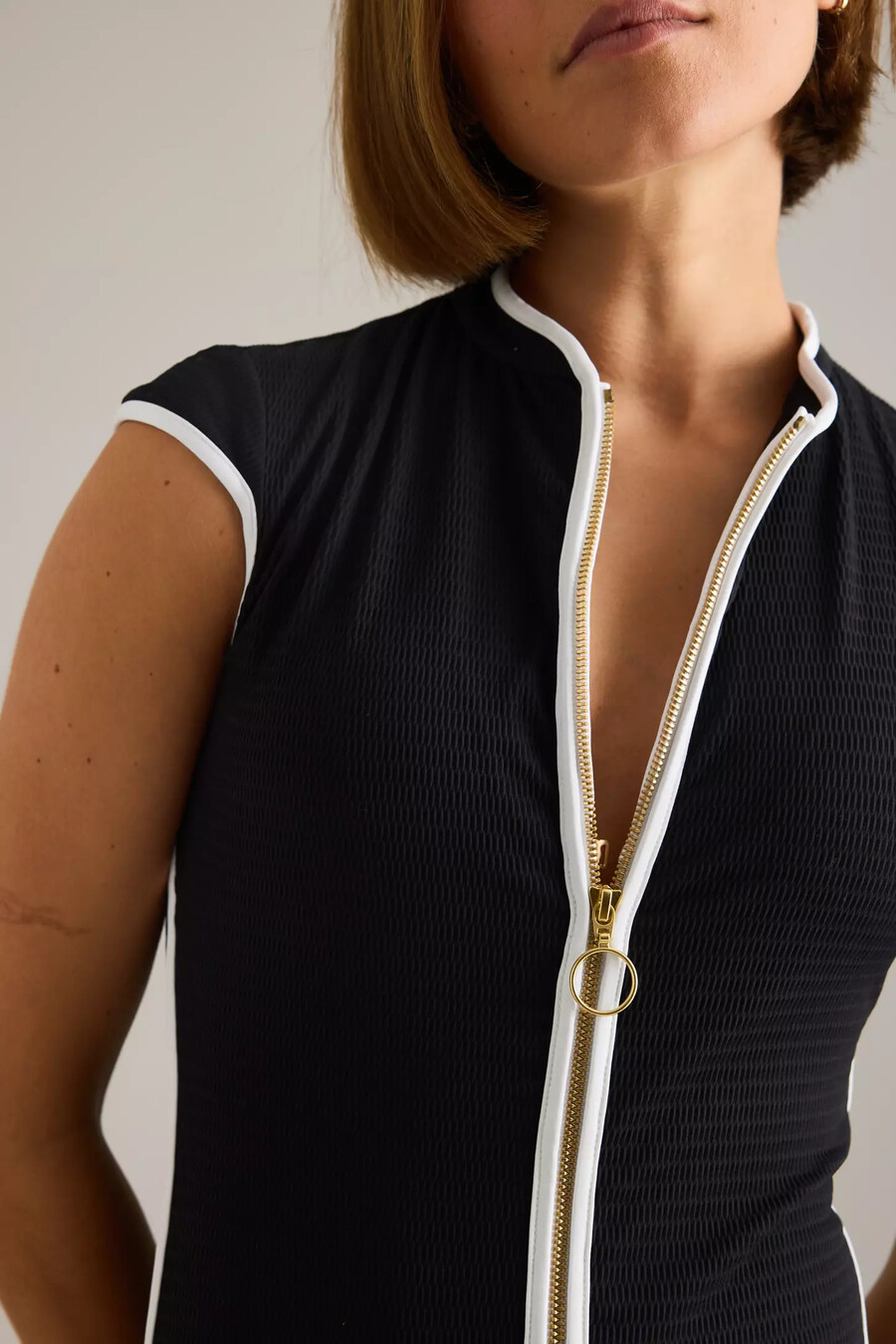 seafolly beach bound cap-sleeve zip one-piece swimsuit
