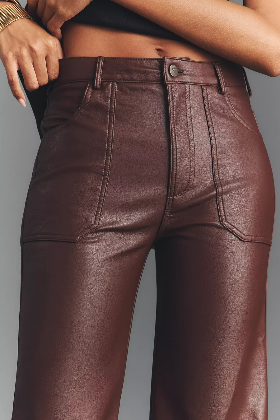 the rylan faux-leather relaxed high-rise flare pants by pilcro