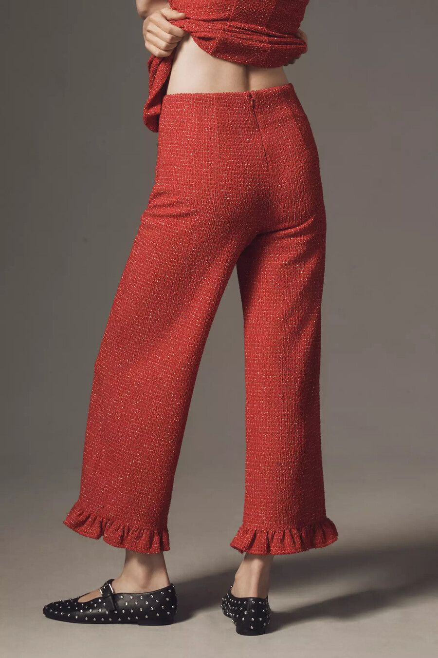 the colette crop tweed ruffle-hem trousers by maeve