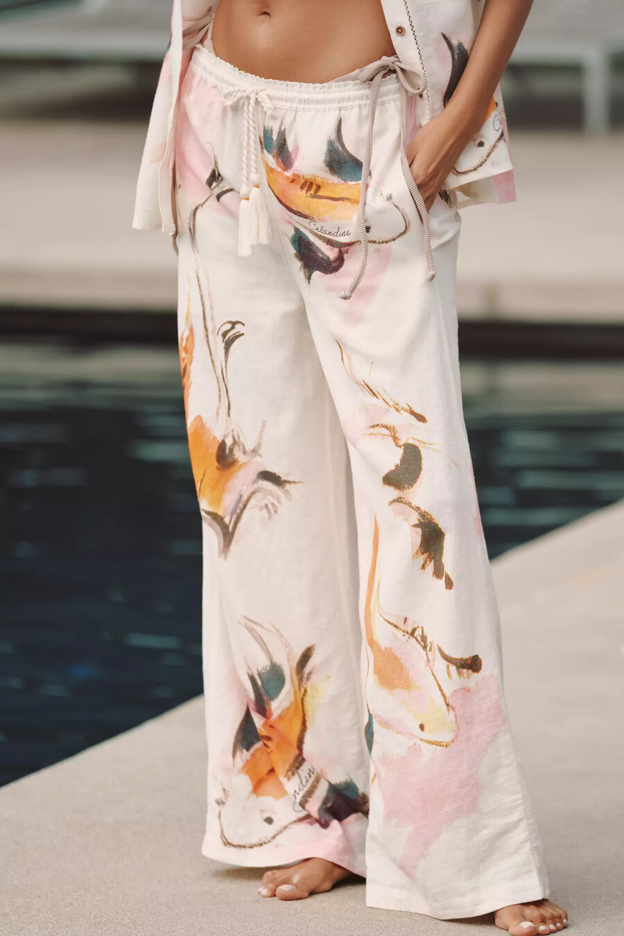 celandine linen-blend wide-leg trousers